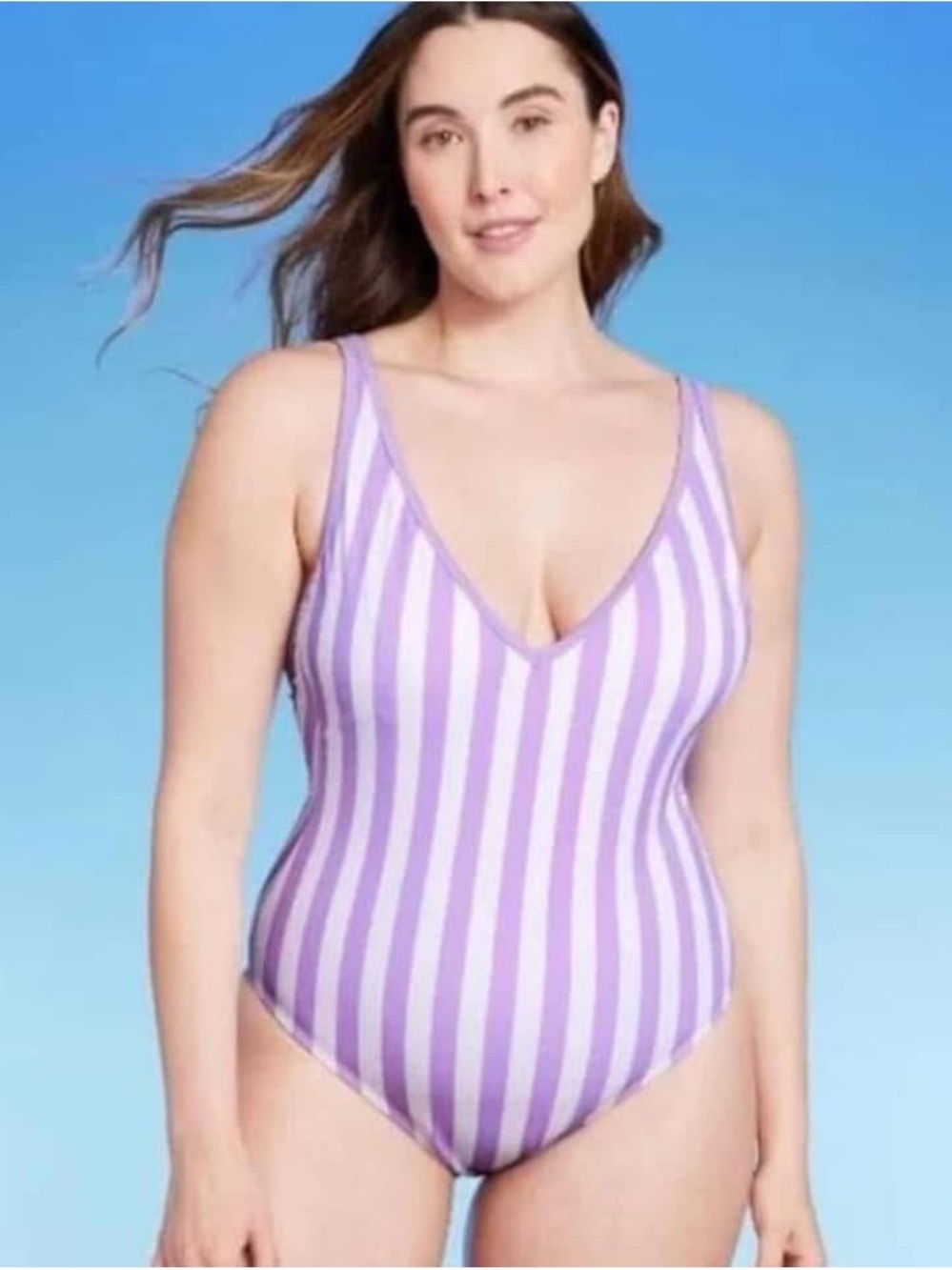 Striped V-Neck One-Piece Swimsuit - Lavender/White